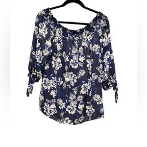Ashley Blue Womens Blue Floral Blouse Top Tunic Size XL Tie Short Sleeves